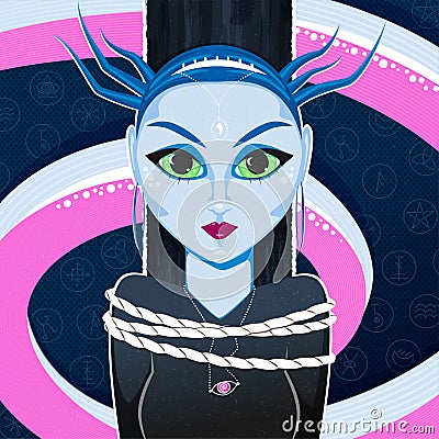 A blue fairytale witch is tied to a pole Vector Illustration